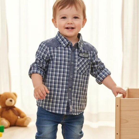 Mexx Blue Plaid Long Sleeve Motor Cycles Button Down Shirt Size 24-30 M - Picture 1 of 8